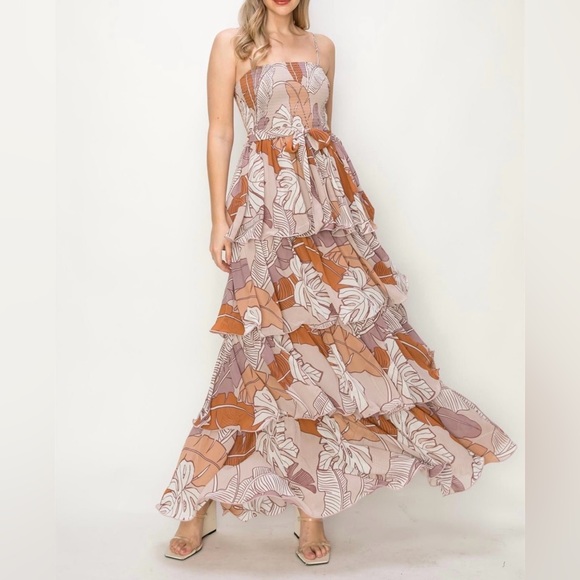 Multicolor Sleeveless Smocked Floral Tiered Leaf Print Maxi Dress
